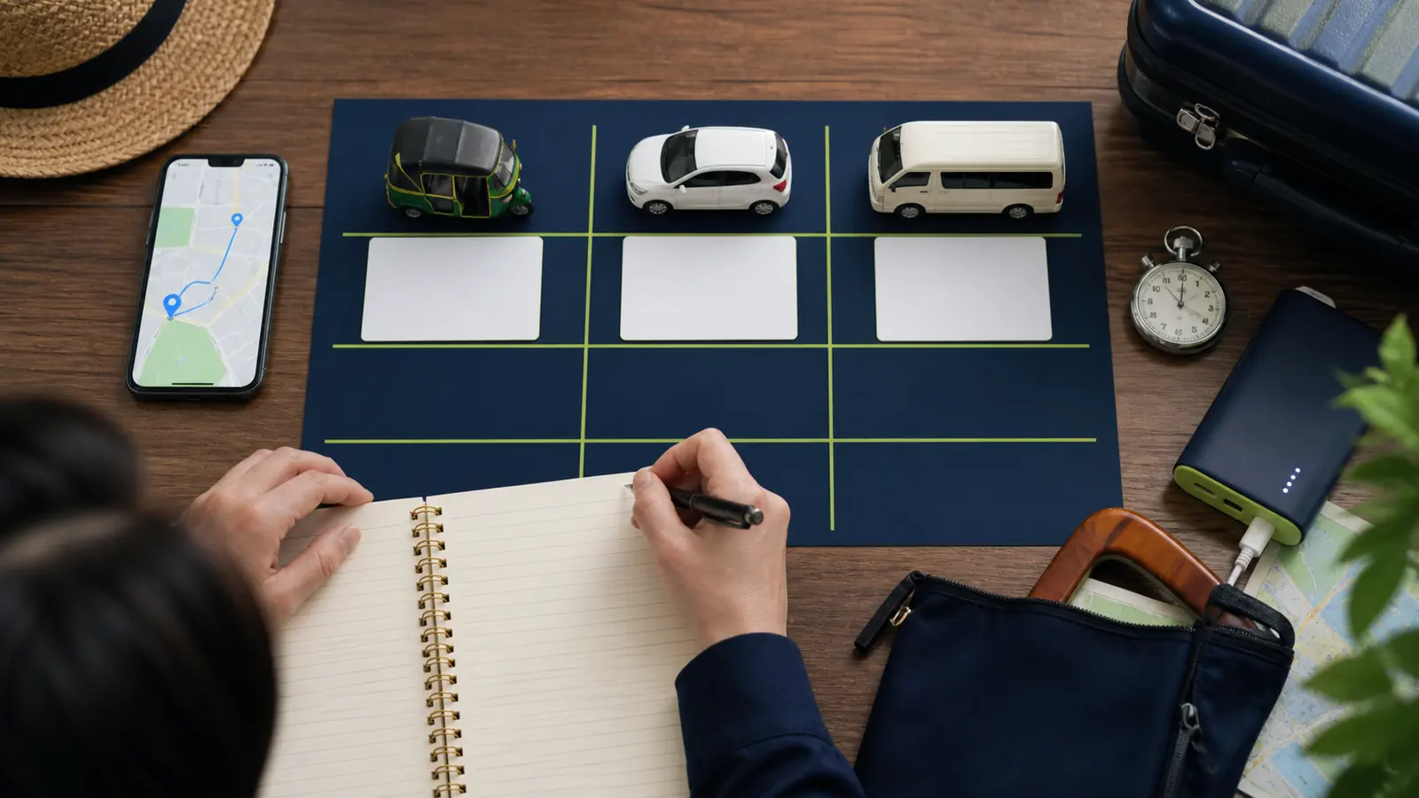 料金だけでなく、待ち時間、車種、荷物、追加費用、配車成立を同じ条件で比較します。