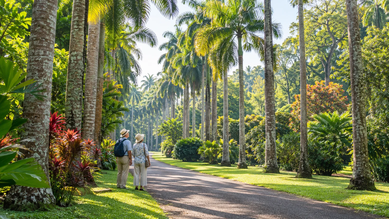 スリランカの植物園をゆっくり歩くシニア旅行のイメージ（生成画像）
