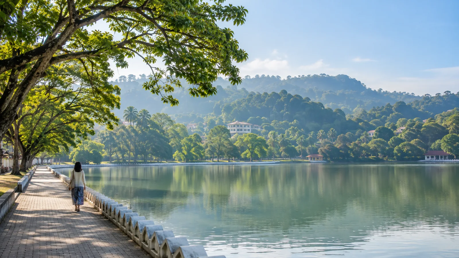 キャンディ湖畔を一人で歩く旅をイメージした生成画像